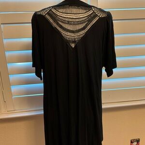 Black Rayon Blend Top with lace shoulders and lace back. Large